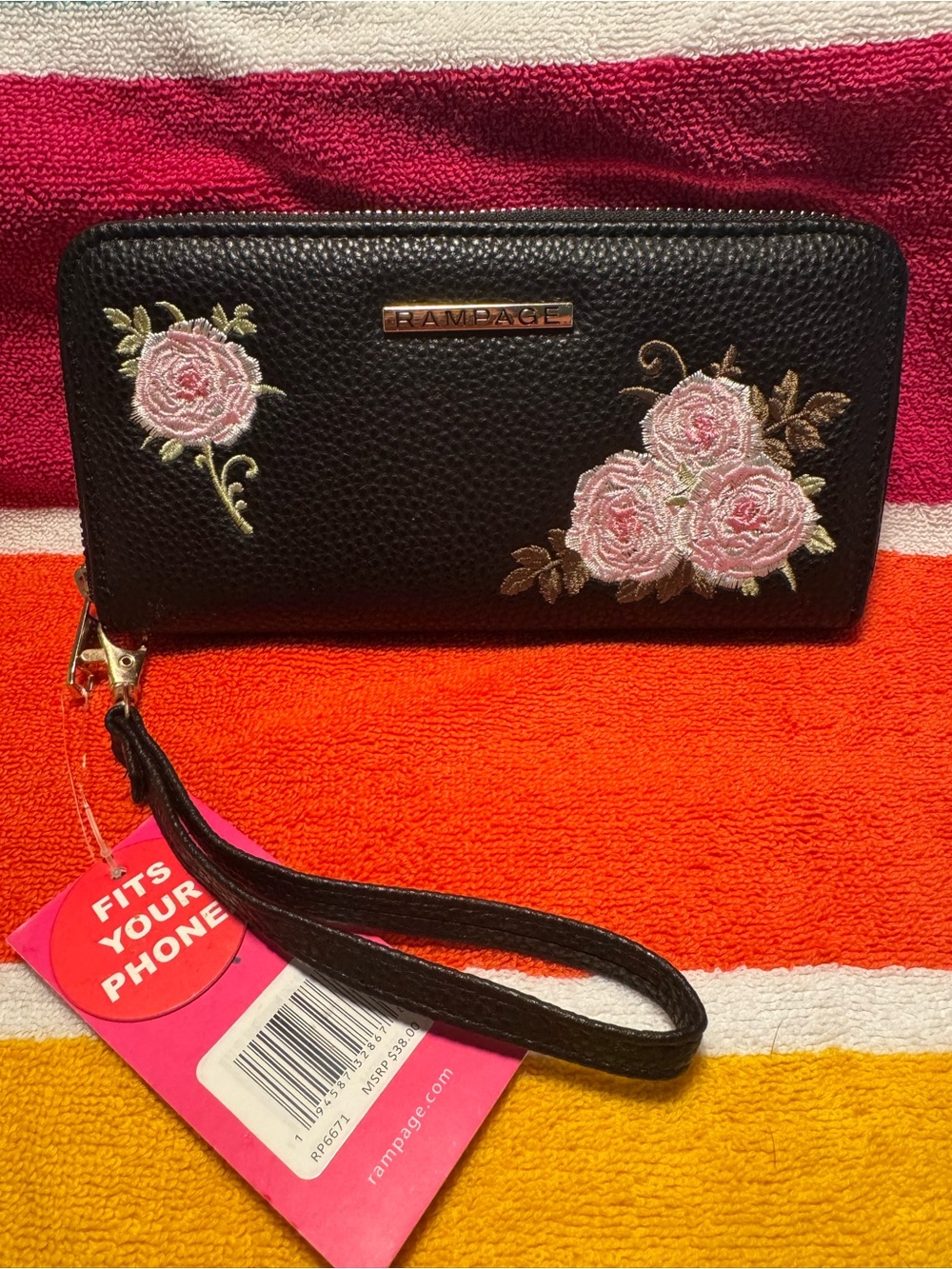 Rampage Black Wristlet Wallet with Pink Rose Embroidery Accent